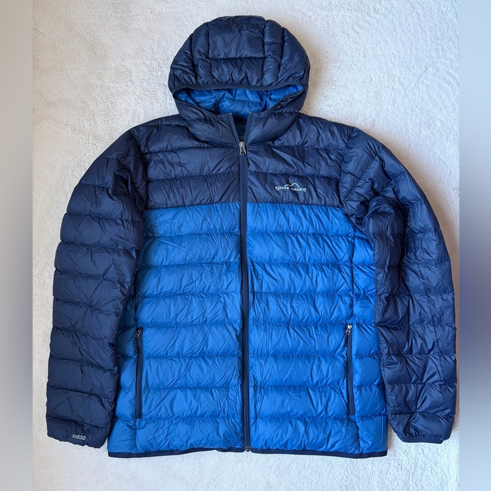 Eddie Baur 650 Blue Hooded Down Puffer Jacket Men Size Large